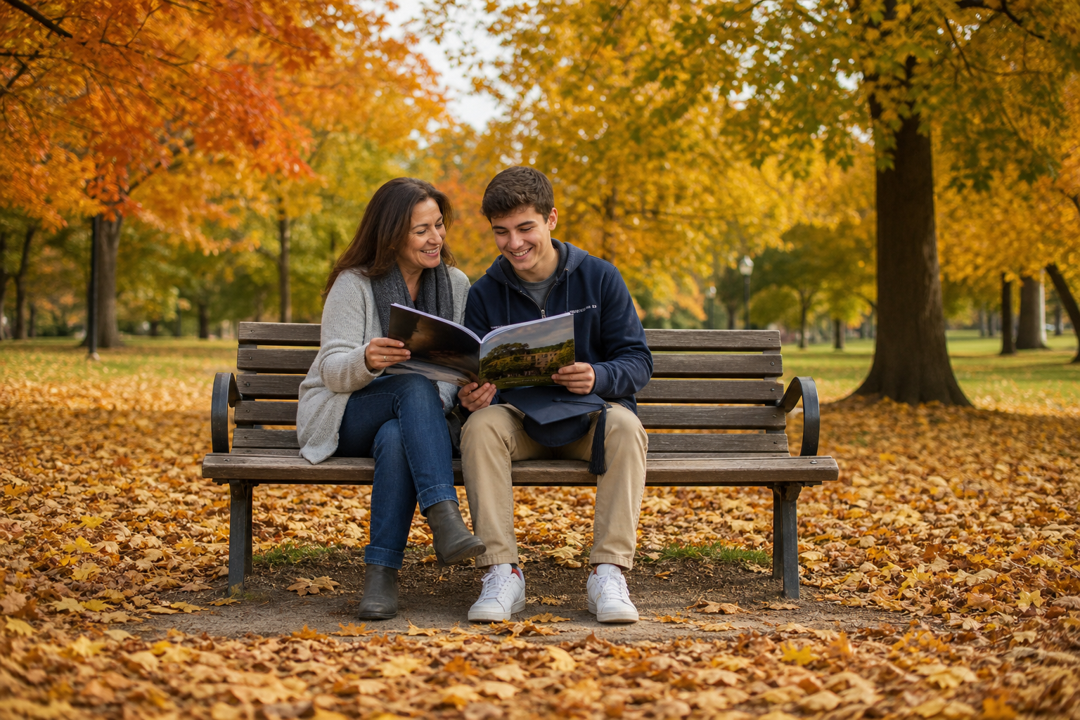 A parent and a teenager look at a college brochure on a park bench in the fall, with a graduation cap on the teen's lap.