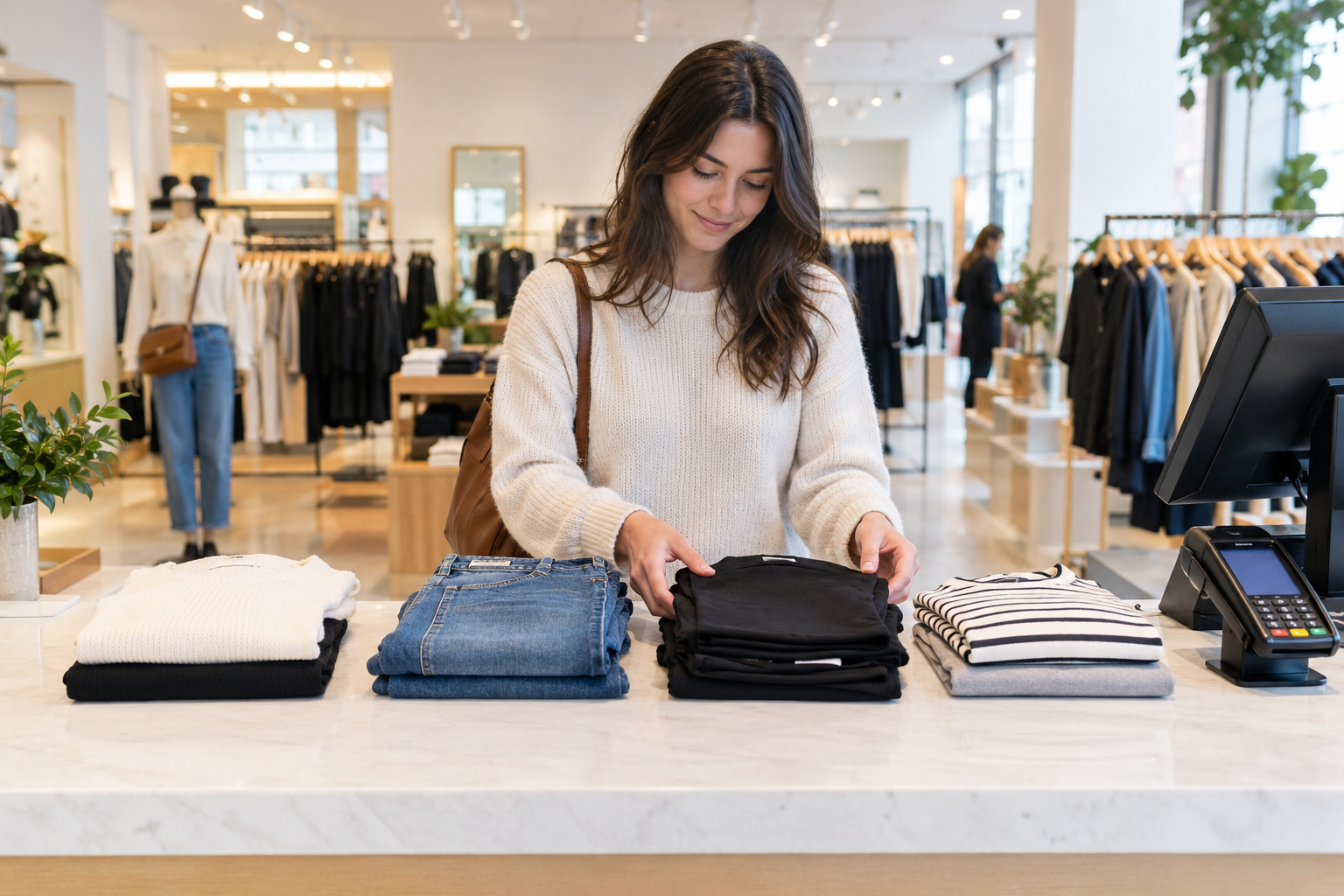 A customer at a store checkout counter arranging merchandise into four distinct piles next to a payment terminal.