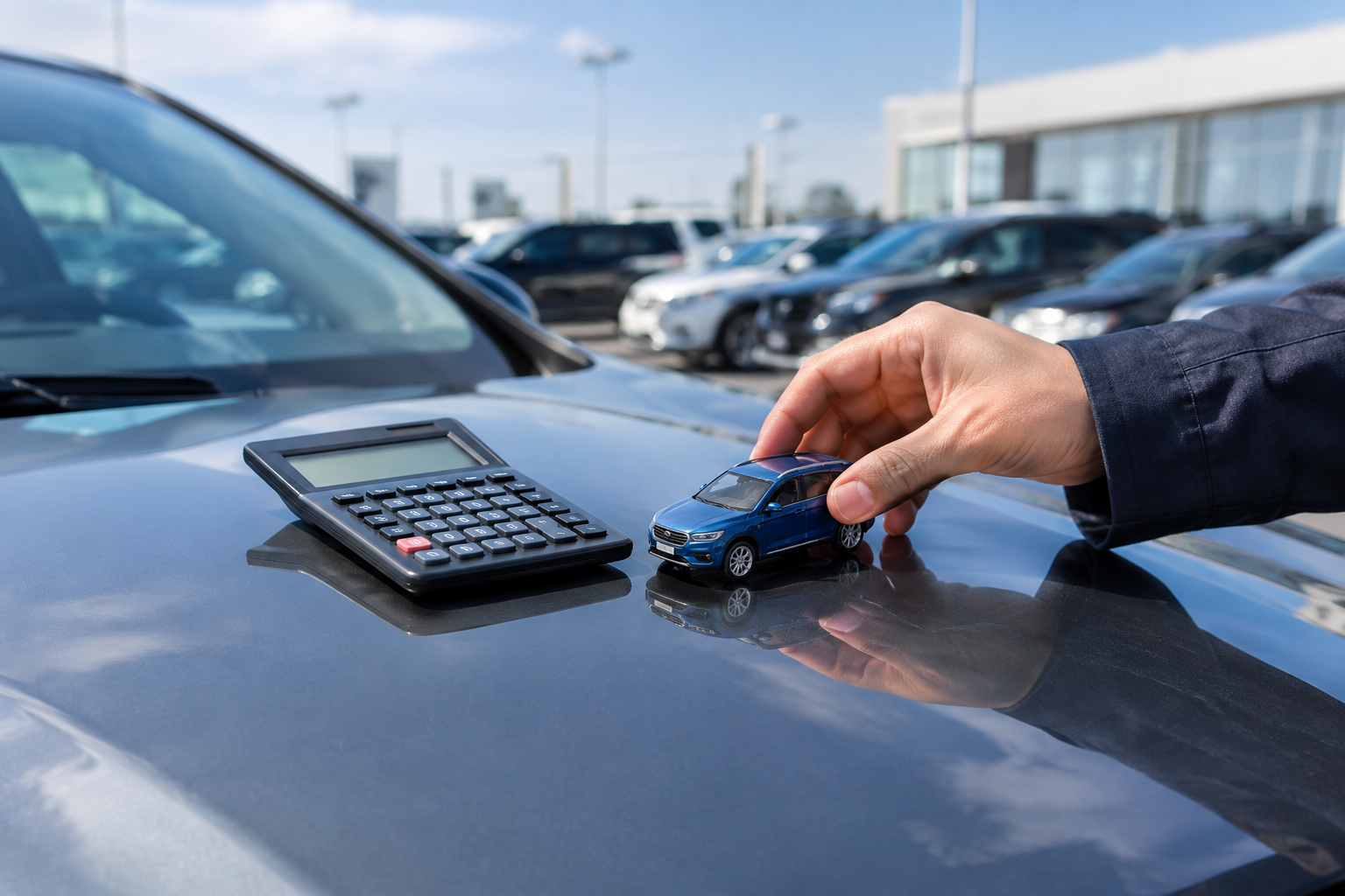 A hand places a small toy car next to a calculator on the hood of a real car.