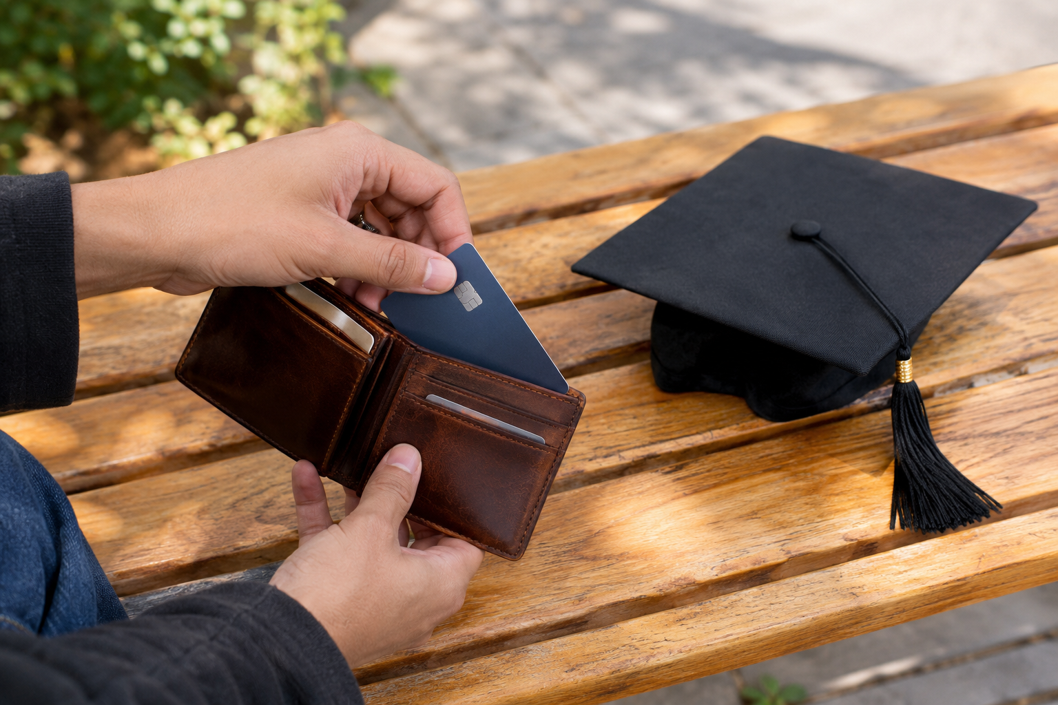 A hand puts a debit card into a wallet next to a graduation cap.